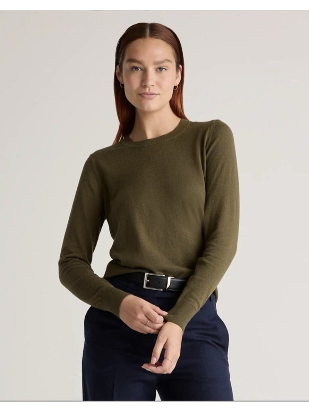 Quince Lightweight Cotton Cashmere Crew Neck Long Sleeve Sweater Olive Size M